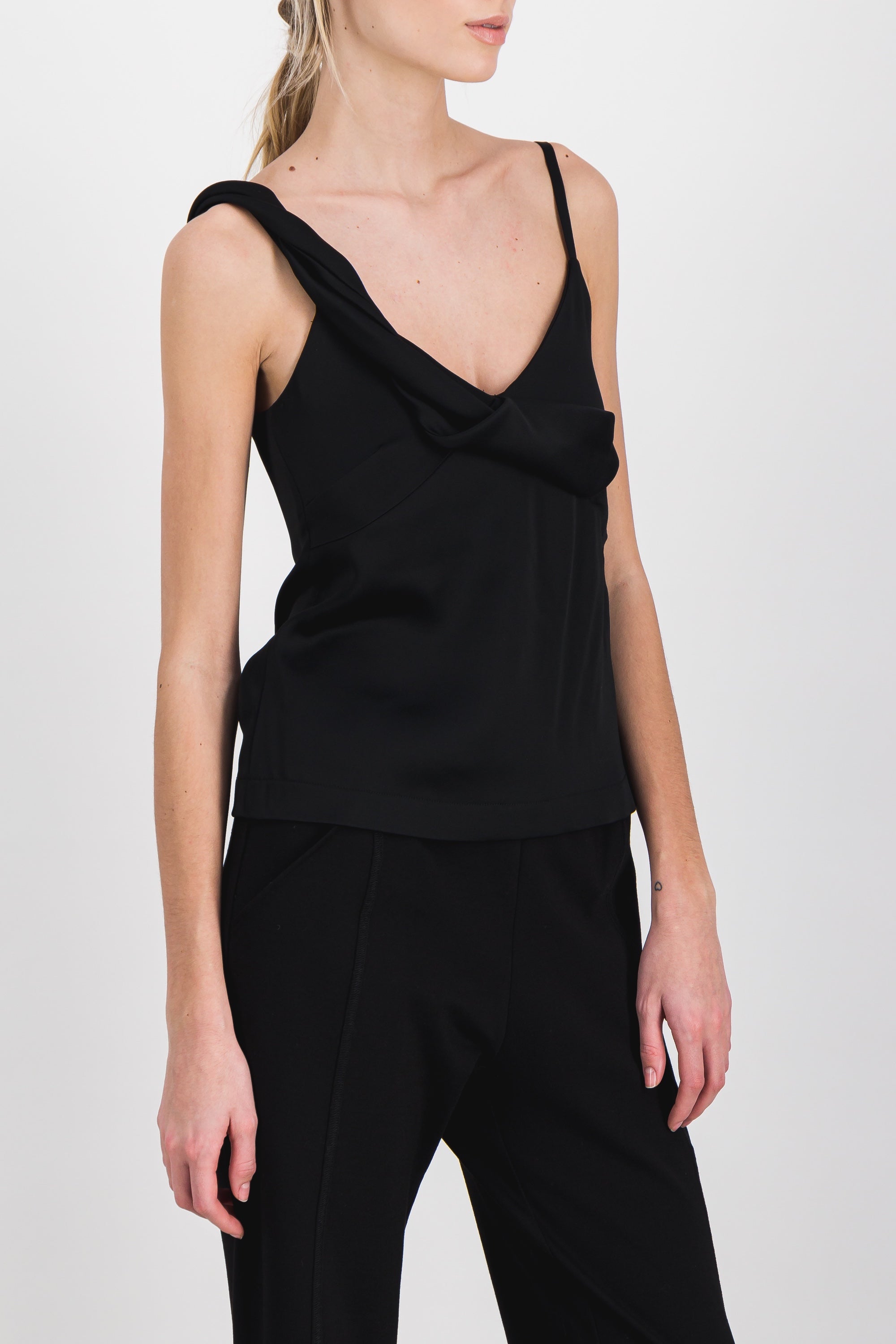 Atlein - Asymmetric crêpe satin black caraco top