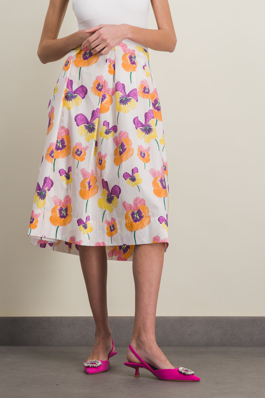 Marni – Pleated cotton midi-skirt with pansies flower print – Renaisa